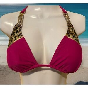 BAHIMI Bikini Top Size Large Gold - Trim and Hardware Animal Print Fuscia Padded